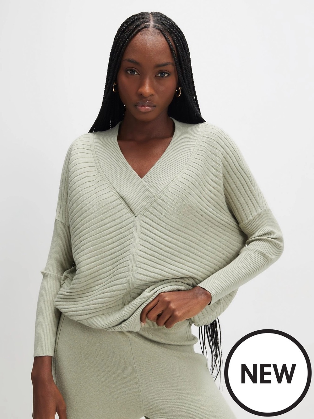 River Island Sage Green V-Neck Ribbed Sweater